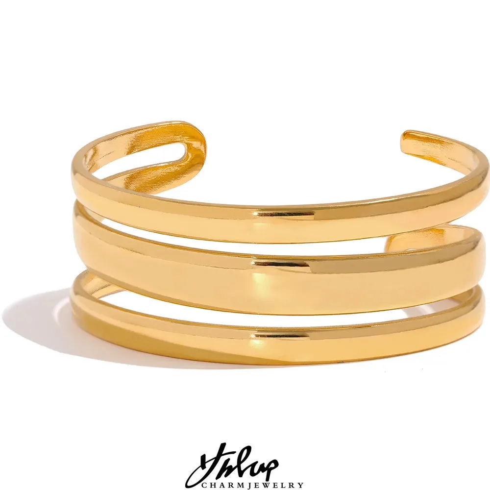 Yhpup Declaración de acero inoxidable Brazalete de color dorado Brazalete Textura de metal Temperamento multicapa Joyería impermeable de moda 240130