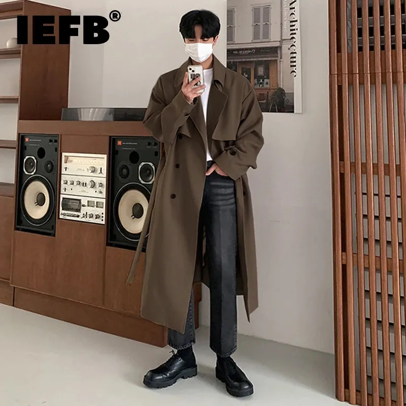 IEFB Autumn Winter Overcoat Men's Mid Length Coat Korean Fashion Loose Kne Over British Trench with Cotton Windbreakers 9C1874 240122