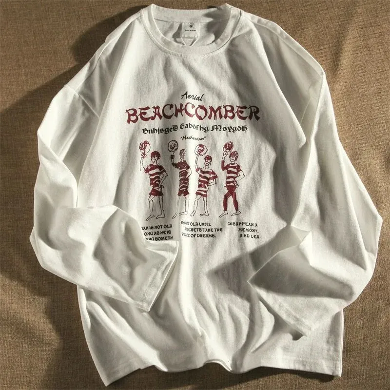 Tryckt överdimensionerad tshirt för män high street rolig grafik t skjortor japansk stil långärmad unisex tees bomull y2k toppar 240201