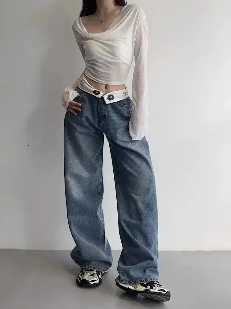 HOUZHOU Vintage Y2k Jean Baggy Kpop Gyaru Streetwear Pantaloni larghi in denim blu Harajuku Coreano Acubi Jeans a vita alta 240129