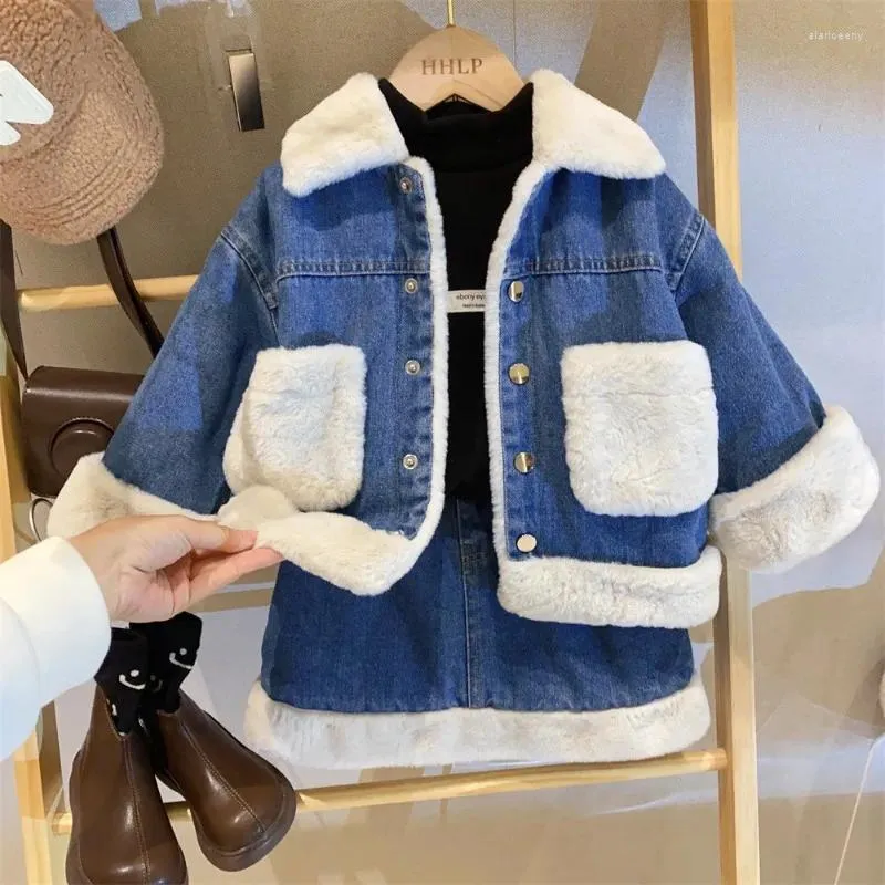 Clothing Sets Girls Clothes Winter Plush Fleece Kids Denim Jacket Skirt Fashion Warm Thick Velvet Fur Children Coats Bottoming Shirt 2-8Y