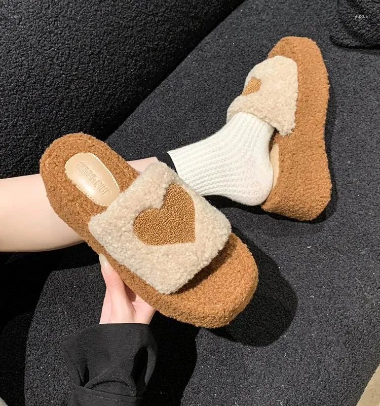 Slippers Female Shoes Flock Flat Women Heels Platform Slides 2024 High Massage Short Plush Rubber With Home Slipper