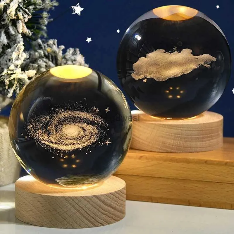 Veilleuses 3D boule de cristal veilleuse système solaire thème cosmique LED décoration lumière Base en bois astronomie veilleuses anniversaire YQ240207