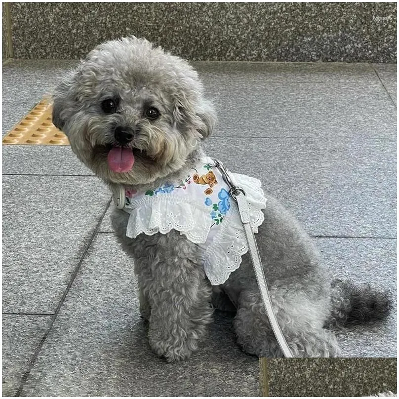 Coleiras de cachorro trelas bonito urso pet arnês para cães pequenos maltese teddy bichon ins coreia colete trela conjunto com acessórios de borda de renda drop otzgy