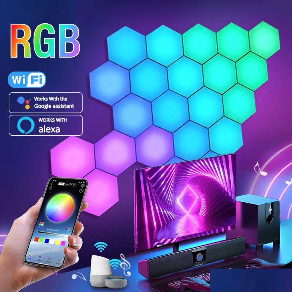 Vägglampor 12st RGB Intelligent Hexagonal Lamp Color-Changing Ambient Night Light Dyi Form Music Rhythm App Control for Game Room Dhlku