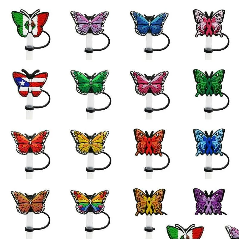 Pajitas para beber Patrón de mariposa Soft Sile St Toppers Accesorios de PVC Encantos Reutilizables A prueba de salpicaduras Tapón de polvo Decorativo 8 mm en Tumb Dhhfy