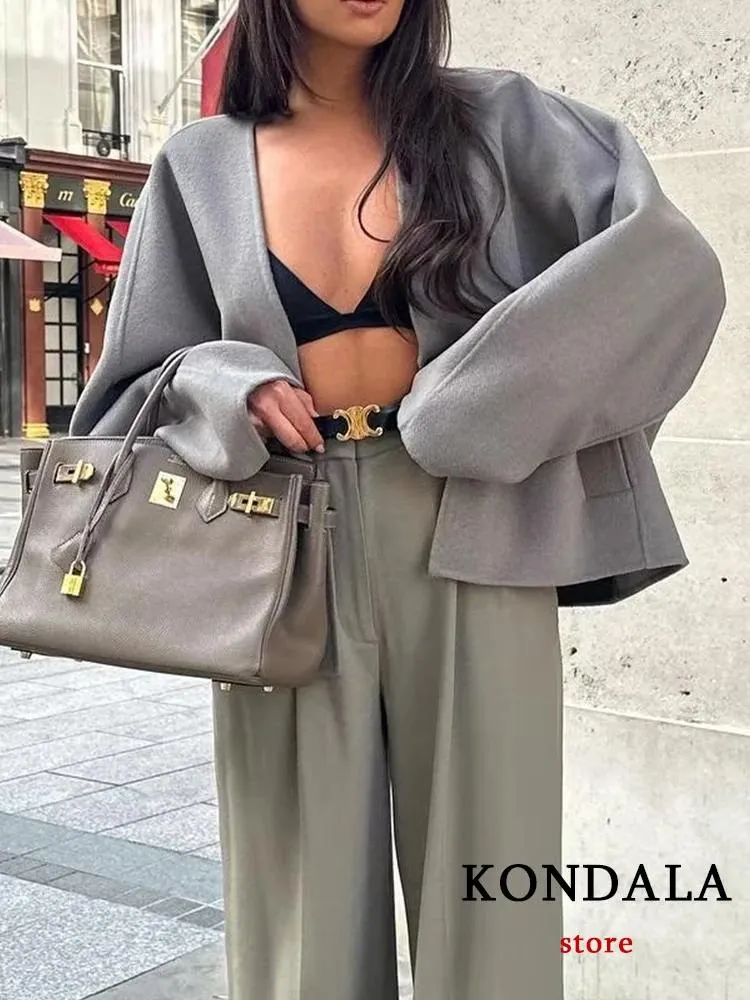 Women's Jackets KONDALA Chic Solid Casual Oversized Button V Neck Women Wool Jacket Fashion 2024 Vintage Autumn Long Sleeve Streetwear