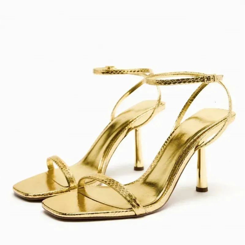 Traf brilho ouro sandálias de salto alto para mulheres festa dedo do pé quadrado tornozelo cinta saltos elegantes fivelas estilingues bombas sapatos de baile 240119