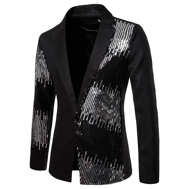 Style Shiny Black Sequin Glitter Suit Coats Men Slim Fit Single Button Blazer Jacket Mens Party Stage Singer S2XL 240124