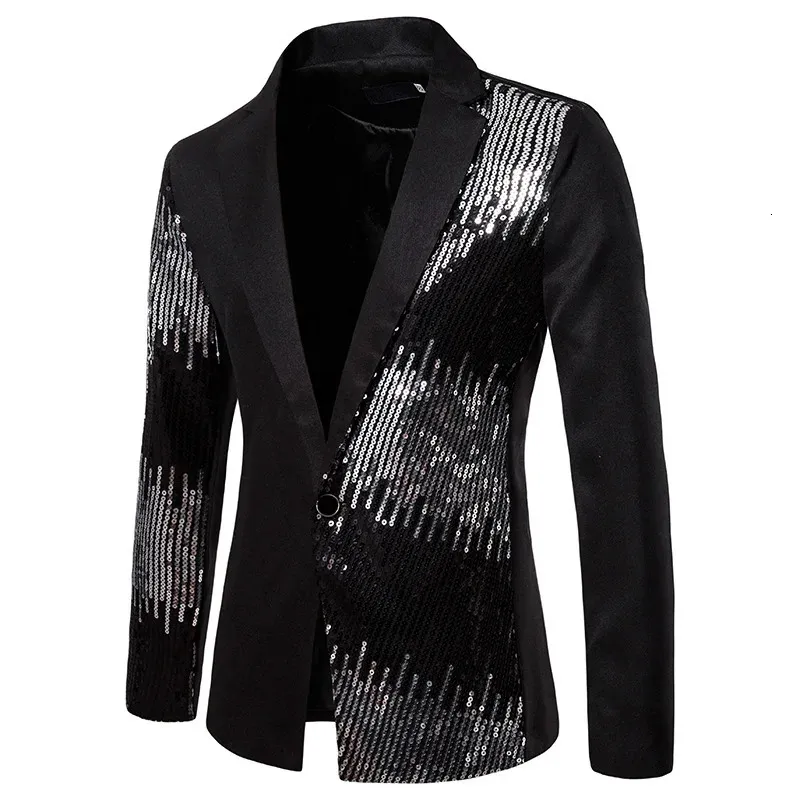 Styl Błyszcząca czarna cekinowa Glitter Suit Men Men Slim Fit Single Button Blazer Jacket Męs Party Stage S2XL 240124