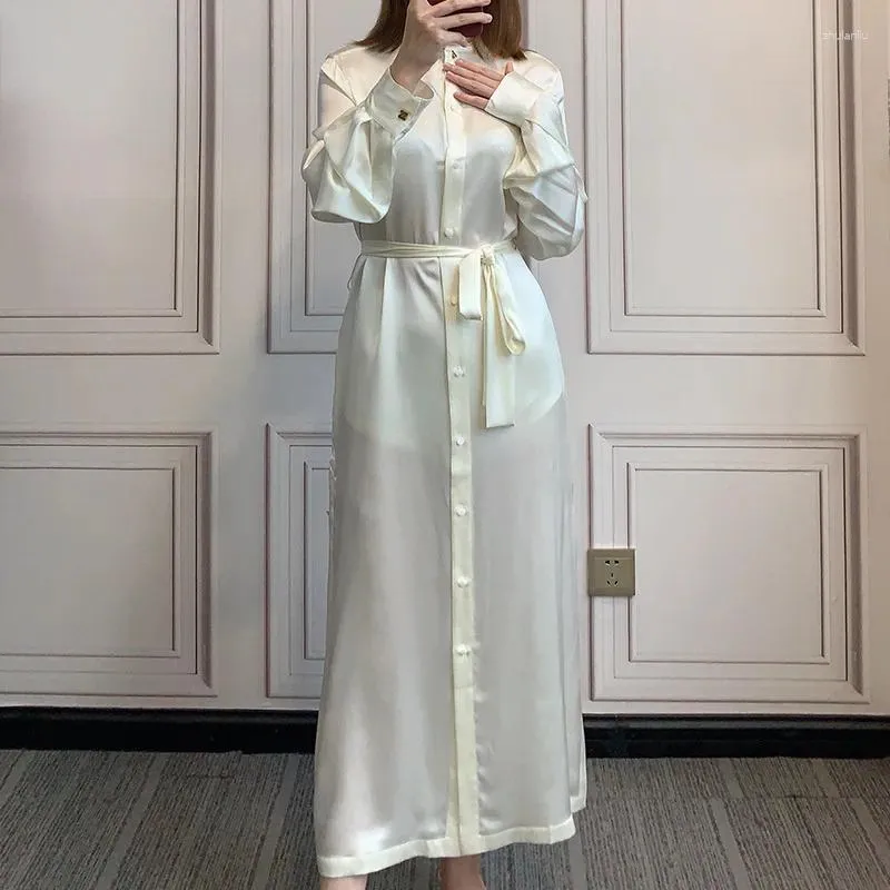 Casual Dresses Top End Women Silk Solid Polo Collar Lace-up Long Dress Elegant Lady Sleeve Single Breasted Maxi Female Prom Gown