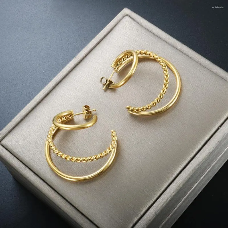 Stud Earrings ZMFashion C-shaped Twisted Hoop Punk Stainless Steel Gold Color Three-layer Coil Earring Vintage Trendy Fashion Jewelry
