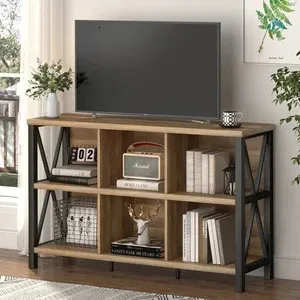 FATORRI Rustic 6 Cube Storage Organizr, Wood and Metal Bookcase, Cubby Horizontal Bookshelf 