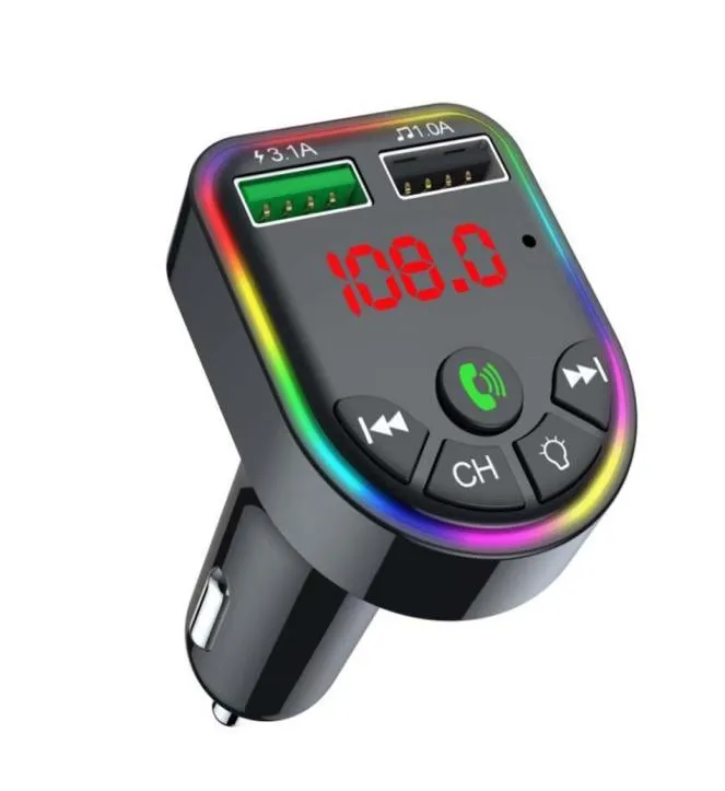 F5 F6 Bil Charger Bluetooth 5.0 FM Sändare RGB Atmosphere Light Car Kit Mp3 Player Wireless Handsfree O -mottagare med Retail Box7833678