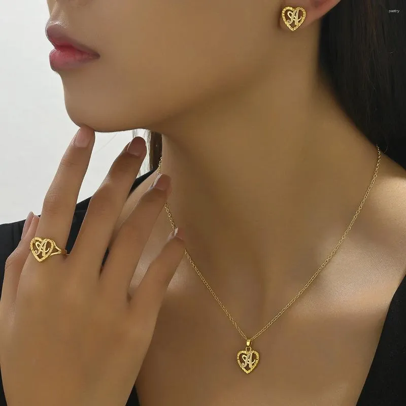 Halsband örhängen set brev ett hänge för kvinnor guld färg stud öron mode öppen kopparring fin smycken present dagligen pendling