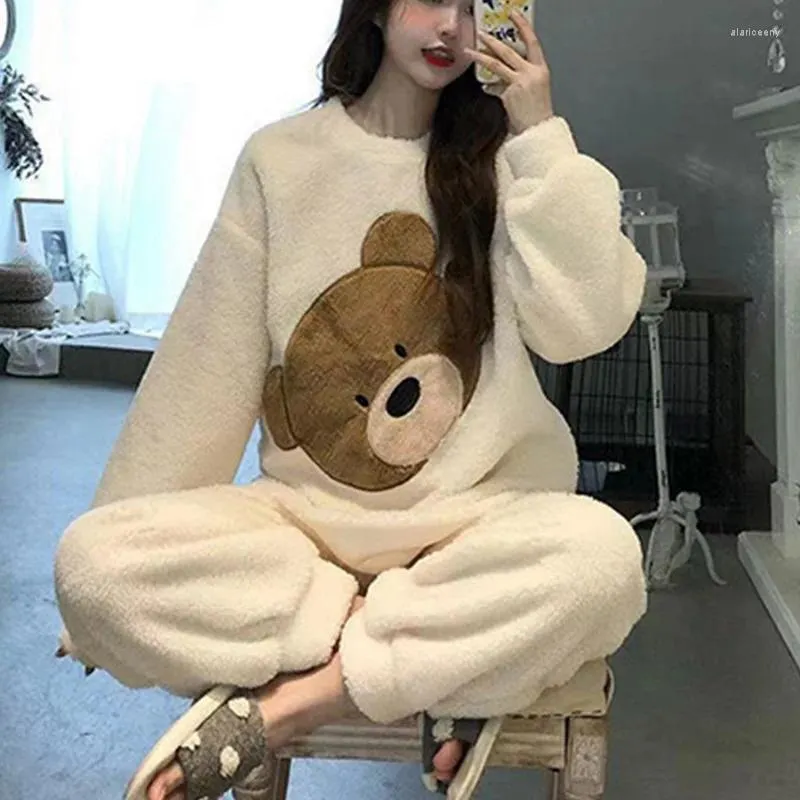 Pyjama d'hiver en peluche pour femmes, ensemble 2 pièces, mignon, doux, coréen, épais, chaud, vêtements de loisirs, vêtements thermiques pour la maison