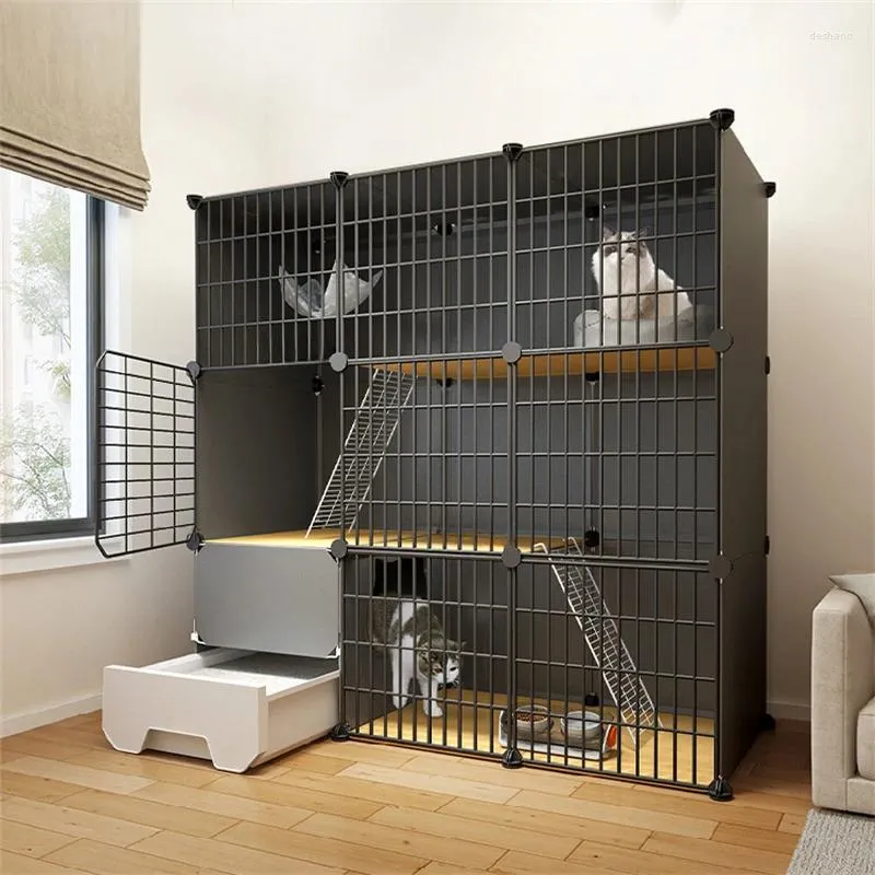 Porte-chats moderne en maille de fer, Villa spatiale multicouche avec bac à litière, toilettes, Cage pour animaux de compagnie, luxe d'intérieur