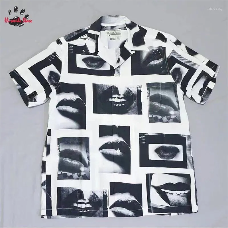 Chemises décontractées pour hommes Graphique Full Print Wacko Maria Chemise à revers Vintage Qualité Noir Blanc Top Streetwear