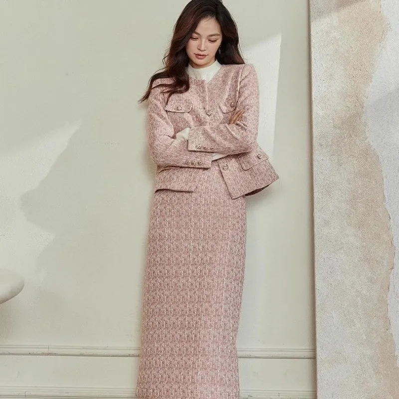 Womens Autumn/winter Small Fragrance Short Tweed Suit Skirt Set Retro Solid Color Round Neck Woolen Coat Skirt Two-piece Set 240129