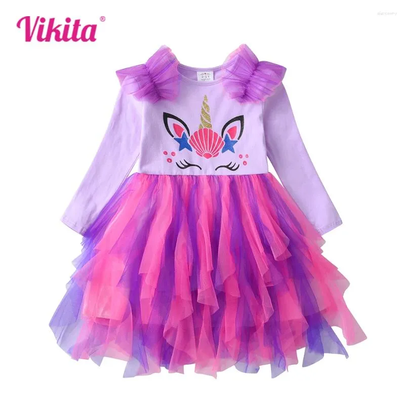 Robes de fille VIKITA filles Tutu robe enfants licorne imprimé dessin animé avec jupe irrégulière fête d'anniversaire robe de bal à manches longues