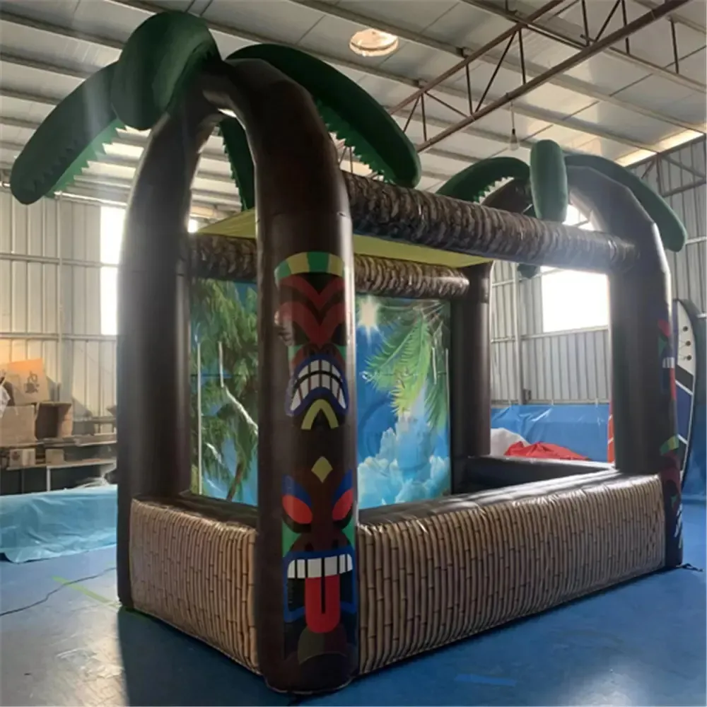 vente en gros 4x2,5x3mH (13,2x8,2x10 pieds) bar Tiki ouvert gonflable tropical avec tente de concession de service de palmier / comptoir de pub pour fête / événement avec bateau libre de ventilateur