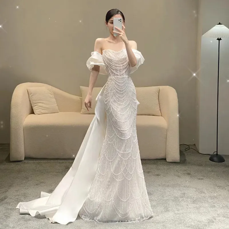 2024 Robes de mariée sirène perles perles robe de train en satin détachable de l'épaule princesse blanche Ocn de fête OCN plus taille de brise de taille 403