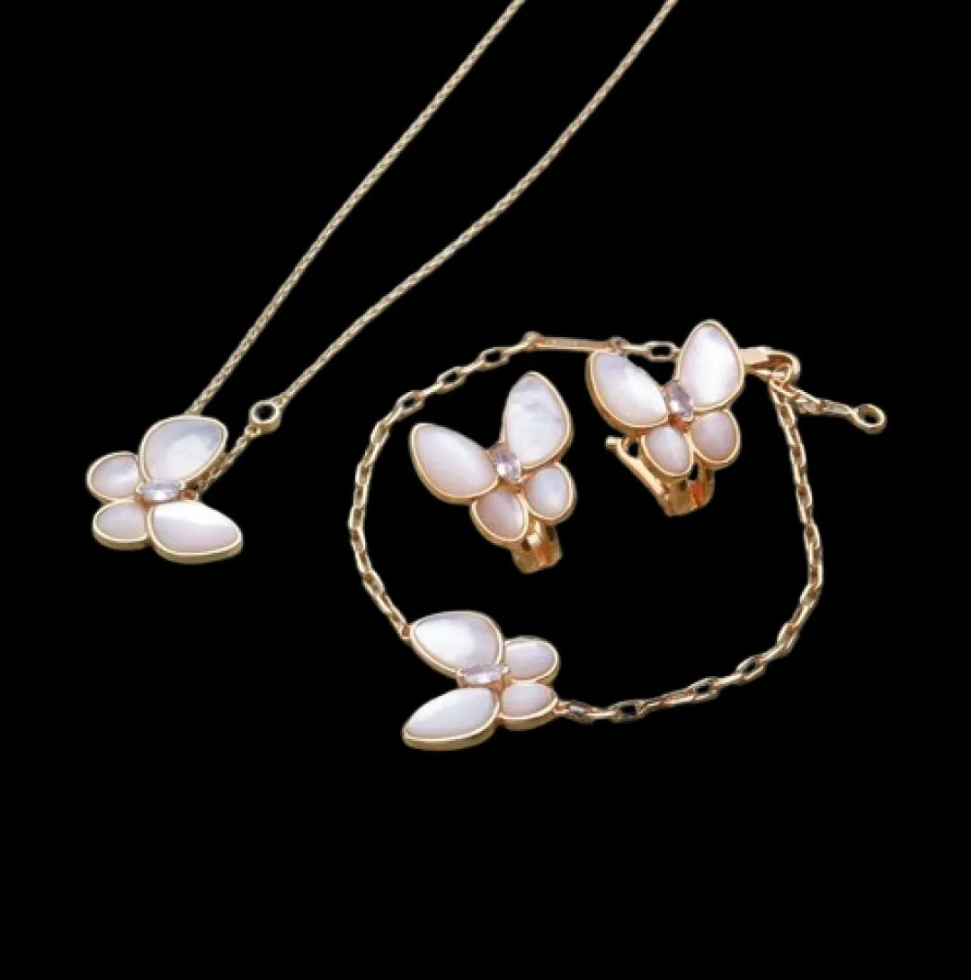 Europa America Fashion Jewelry Sets Lady Women Brass Settings Diamond Pearl 18K Gold Two Butterfly Ring Earrings Bracele6411210