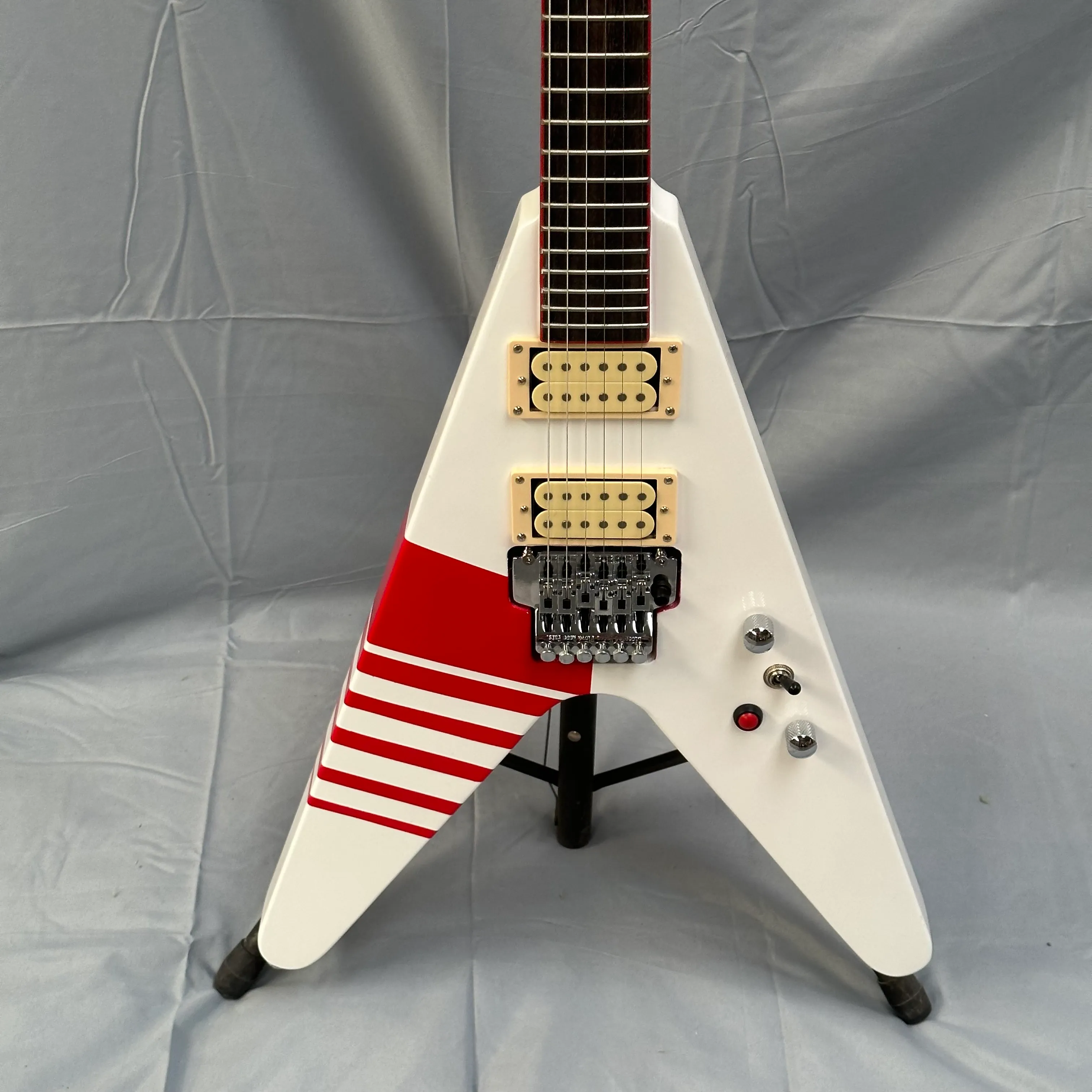 V Electric Guitar White Jak Brand White Color Red Striped Free Ship