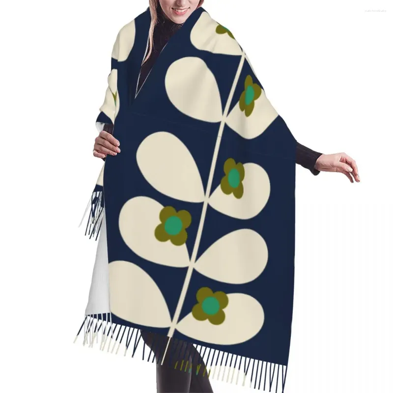 Halsdukar modeavtryck Wild Rose STEM Navy Orla Kiely Tassel Scarf Women Winter Warm Shawls Wraps Ladies Cersatile Female