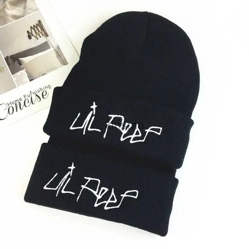 Czapki do czapki/czaszki lil peep haft dzianin kapelusz stały kolor unisex litera czapka czapka kobiety w zimie czapki czapki skullies yq240207