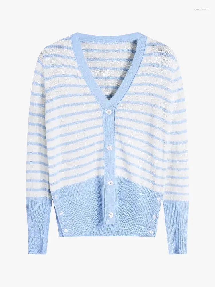 Женский вязаный кардиган в сине-белую полоску с v-образным вырезом, мягкий удобный модный повседневный свитер-куртка