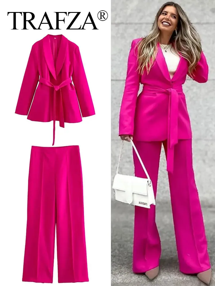 Trafza Women Fashion Suit Suit Belt Blazer Long Sleeve Coat High Weist Side Zipper Fly Slim Straight Bants Spring Female Suits 240130