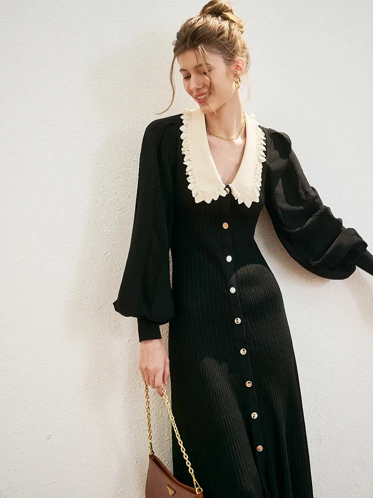 Vintage tricoté robes à manches longues coréen élégant automne hiver doux col claudine une ligne femme bouton noir robe mi-longue Chic 240124