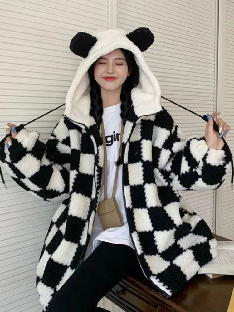 Kawaii zip up solto punk hoodies mulheres inverno engrossar checkerboard harajuku urso orelhas bonito feminino moletom casaco de grandes dimensões 240202