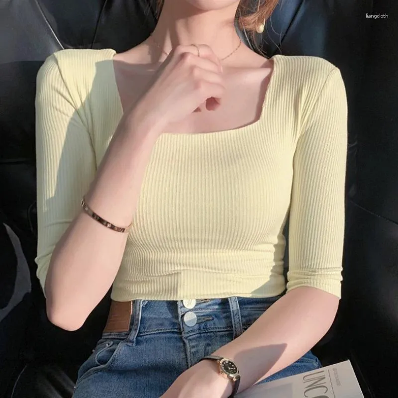 Women's T Shirts Basic Three Quarter Korean Fashion Sexy Square Collar Tops White Shirt 2024 Summer Casual Women Slim Black Tshirts