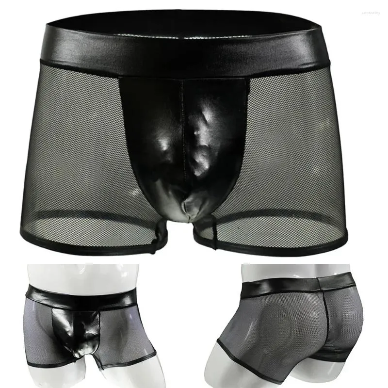 Sous-vêtements Mode Hommes Sexy Faux Cuir Noir Mesh Discothèque Boxer Slips Sous-Vêtements Hommes Doux