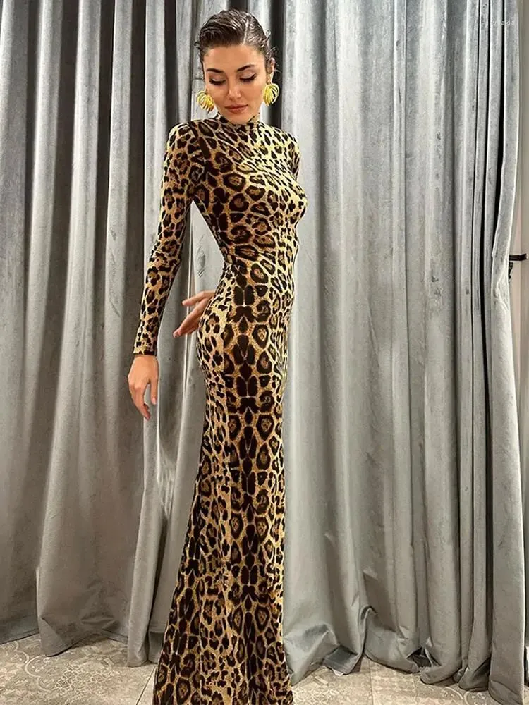 Abiti casual Manica lunga Slim Stampa leopardata Abito maxi con maniche Donna Abiti eleganti vestibilità 2024 Abiti da ballo per feste da donna alla moda