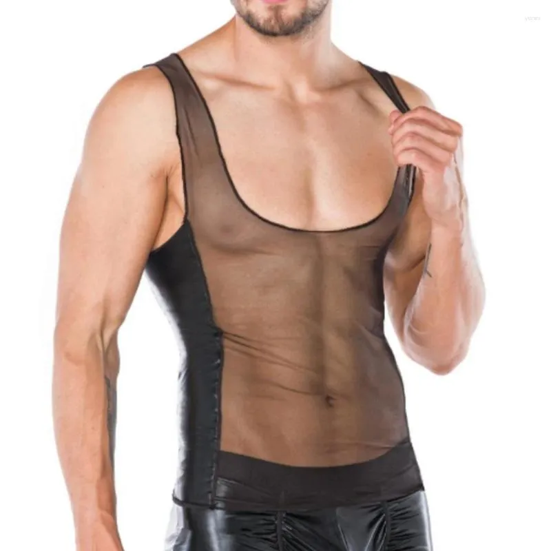 Canottiere da uomo Uomo Erotico Sexy See-Through Mesh Splicing Vest 2024 Genderless Nightclub Personalizzato Slim Stage Performance Abbigliamento Unisex