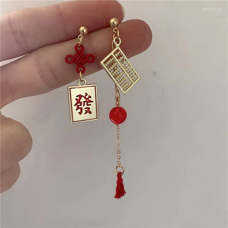 Dangle Oorbellen Dames Asymmetrische Holle Telraam Kwastje Stud Creatieve Chinese Stijl Fortuin Accessoires Voor Vrouwen Pendientes