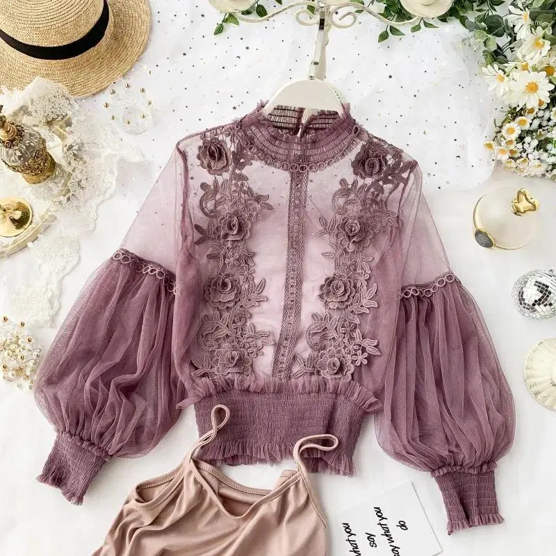 Women's Blouses Spring Women Mesh Tops Fashion Sexy Sheer Lace Blouse Lantern Sleeve 3D Floral Shirts Elegant Top Blusas Femininas 2024