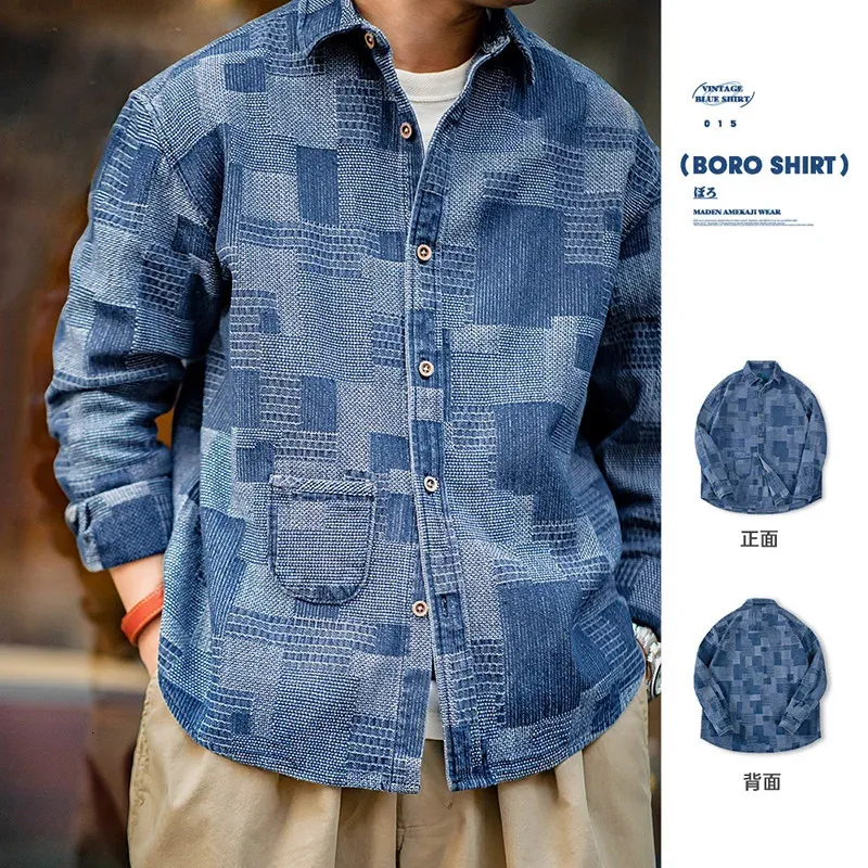 Maden Japanese Retro Boro Dżinsowe koszule dla mężczyzn Jacquard Patchwork Longsleeve Button Down Juć Kurtka Owczesna odzież wierzchnia sprężyna 240202