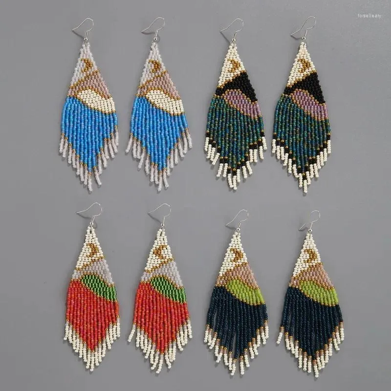 Boucles d'oreilles pendantes avec pampilles perlées, Design de lune, montagnes et rivières, marée, tricot Simple à la main, alliage bohémien, perle de riz géométrique