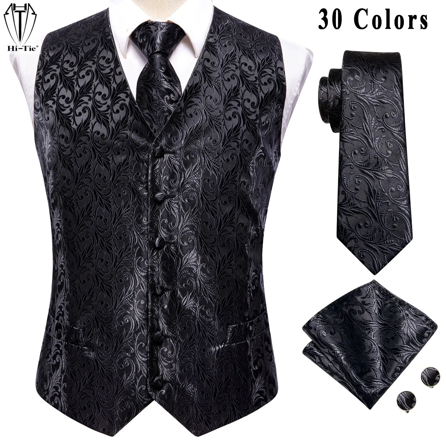HiTie Дизайнерский жаккардовый шелковый мужской жилет без рукавов, куртка на талии, чистый черный жилет с цветочным принтом, галстук-бабочка, набор запонок для мужчин 240119