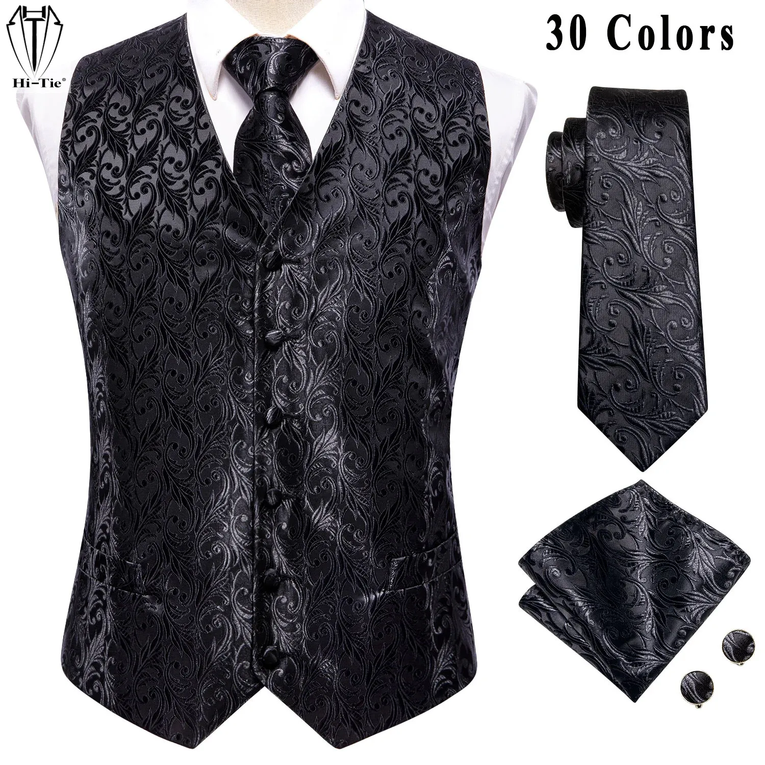 Hitie designer jacquard seda mens colete sem mangas cintura jaqueta puro preto floral colete pescoço gravata hanky abotoaduras conjunto para homem 240119