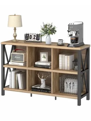 FATORRI Rustic 6 Cube Storage Organizer, Wood and Metal Cubby Bookcase, Horizontal Bookshelf