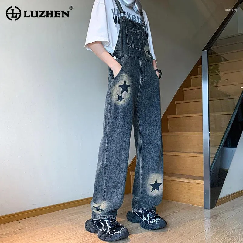 Jeans masculinos Luzhen 2024 na moda solta grandes bolsos originais denim macacões homens cintas calças high street elegante suspender calças 70e11c