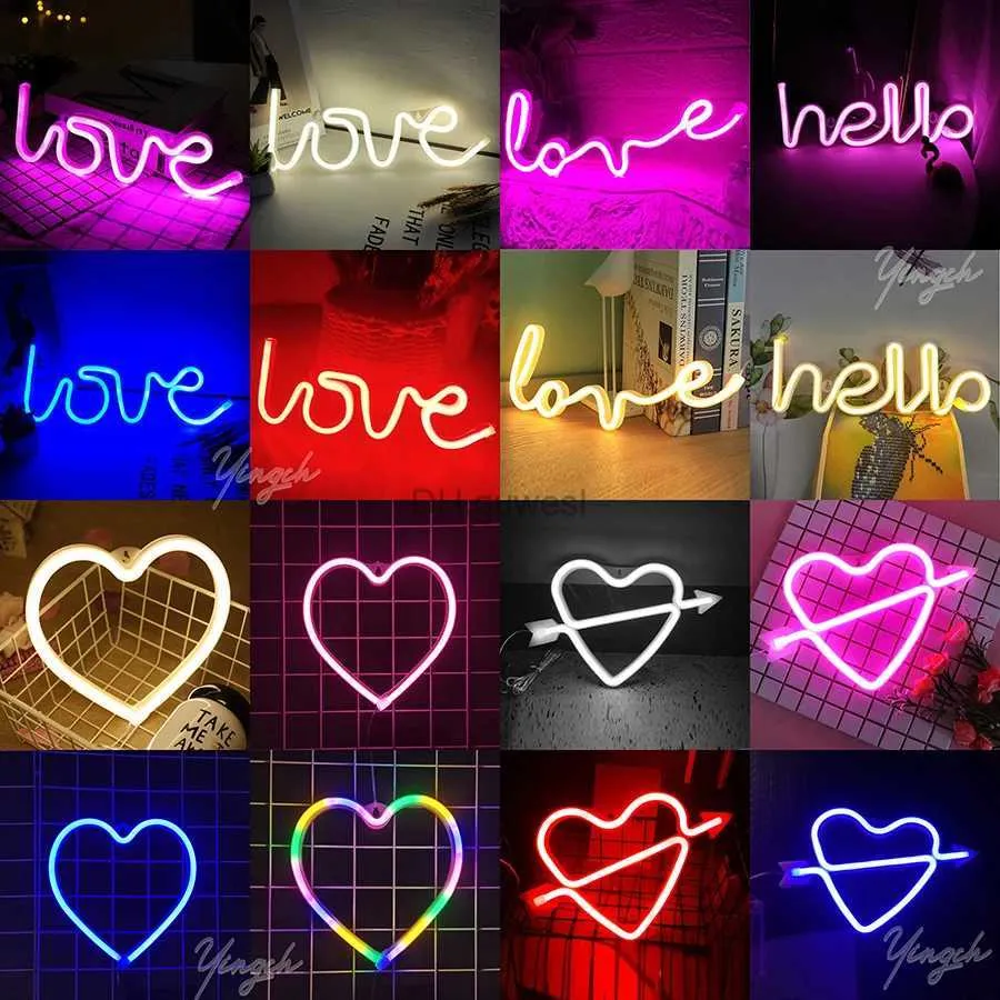 Luzes da noite Olá Coração Amor Neon Light Sign LED Modelagem Night Lamp Store Room Decoração Edding Window Shop USB Bateria Alimentado YQ240207