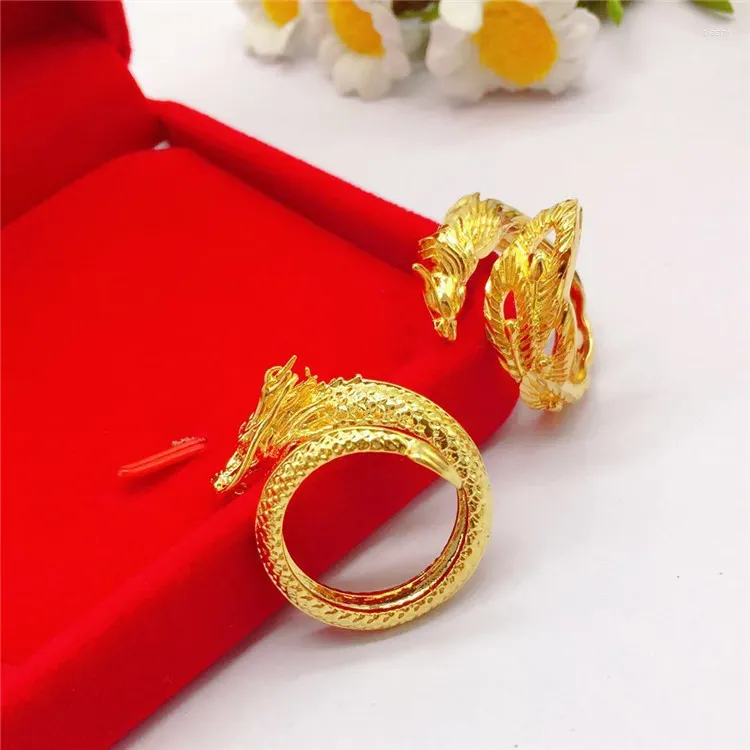 Bagues de cluster Exquis Phoenix Dragon Gold 18K Bague pour femmes Hommes Mariage Engagement Fine Bijoux 999 Couleur Cadeaux d'amant