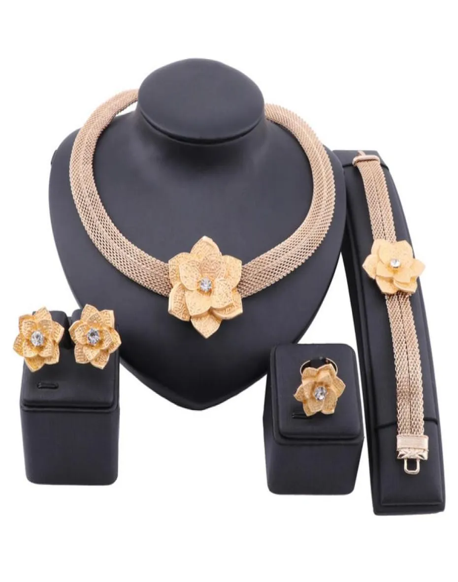 African Gold Color Flower Jewelry Sets For Women Bridal Wedding Gifts Party Necklace Earrings Ring Set S Arabia Jewellery3312942