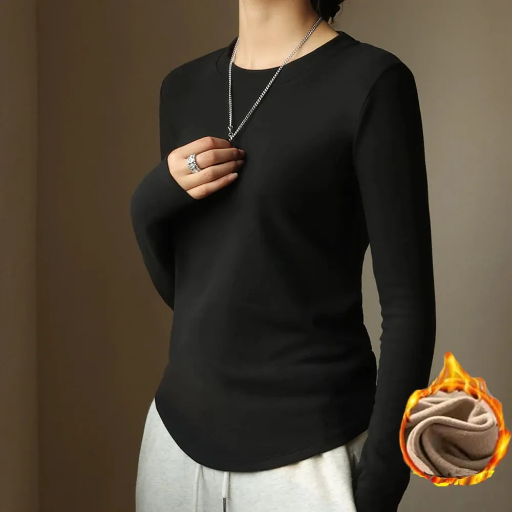 Women Winter Bottoming Tops O Neck Long Sleeve Shirt Black Casual Slim Basic Velvet Heating Fiber Thermal TShirts 2023 240129